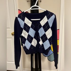 Blue cardigan, size small.